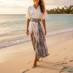 #A278  Nancy  Resort Chic Romantic  Midi Satin White Shirt Dress  NWT S